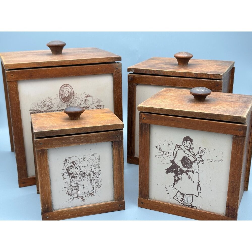 Vintage Wood Canister Set With Illustrated Panels Lift Lids Storage Containers